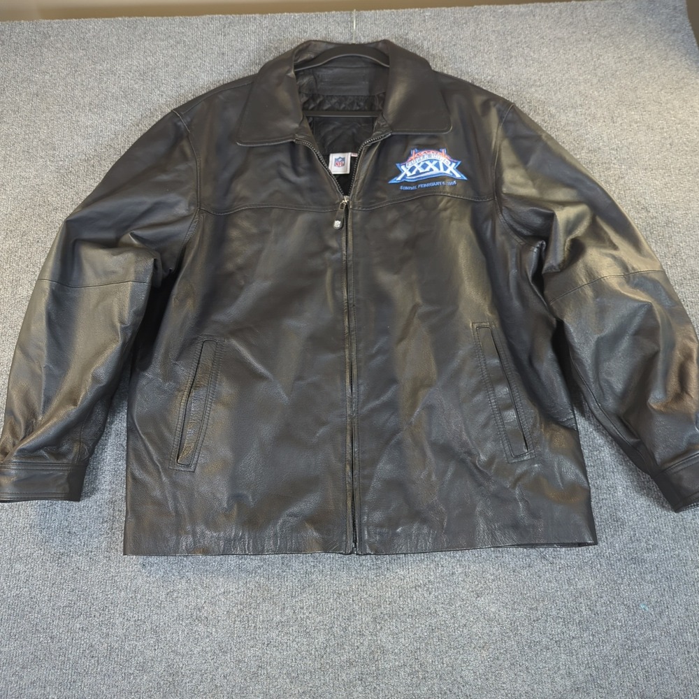 NFL Super Bowl XXXIX 2005 Mens Black Genuine Leather Quilted Jacket XL 39 Logo‎